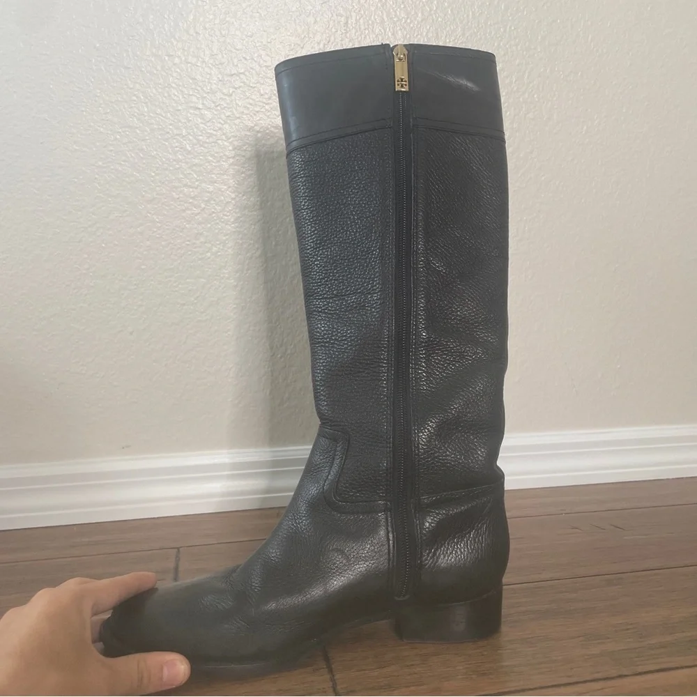 Tory Burch black grained leather riding boots zip up knee high boots vintage